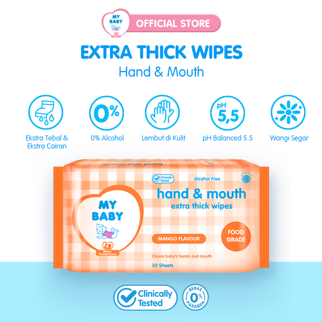 MY BABY Extra Care Wipes Hand &amp; Mouth [50 + 50 Sheets] - Tisu Basah Bayi Extra Lembut &amp; Extra Tebal (2 pcs isi 50s) - Exp: 02.2026