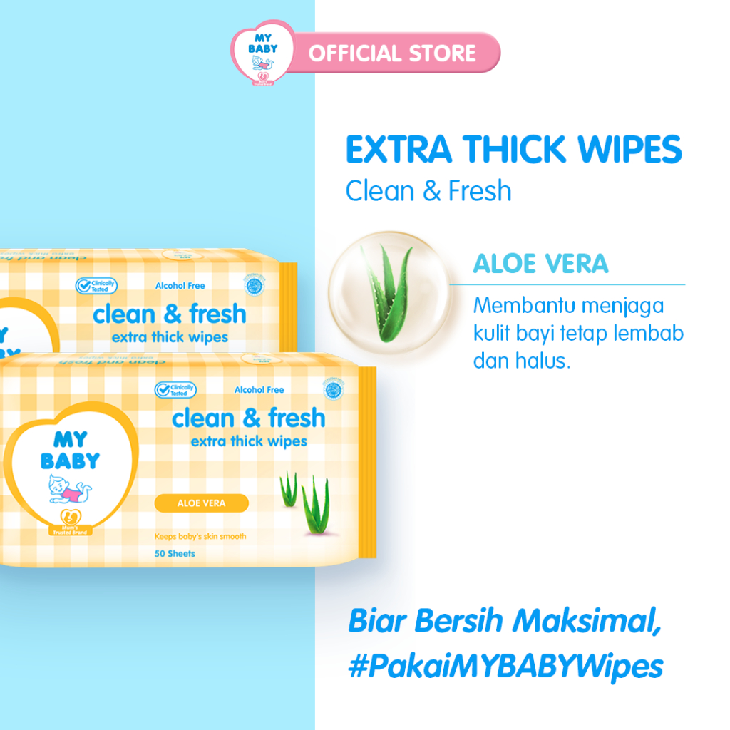 MY BABY Extra Care Wipes Clean &amp; Fresh [50 + 50 Sheets] - Tisu Basah Bayi Extra Lembut &amp; Extra Tebal (2 pcs isi 50s) - Exp: 07.2024