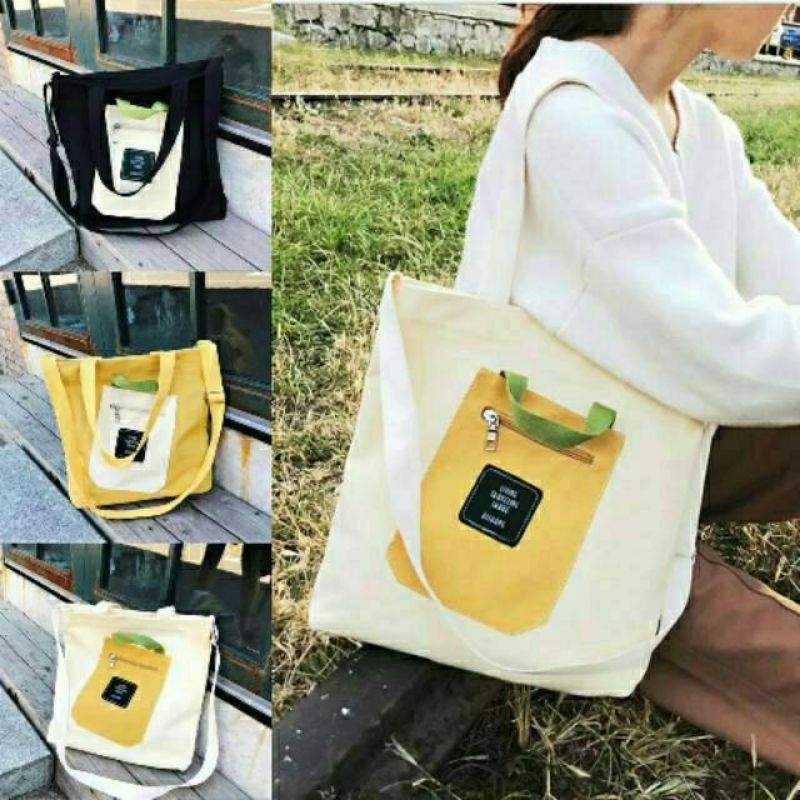 Totebag wanita kekinian termurah tas tote salur slingbag kucing tas totebag kantong saku