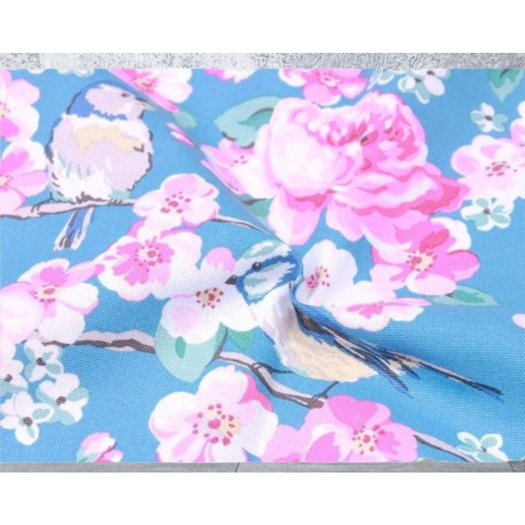 kain kanvas motif bunga dan burung warna biru cocok untuk sarung bantal taplak meja dll jual persete