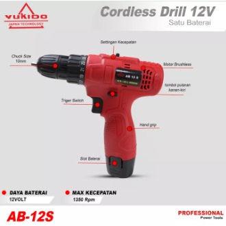 Yukido Cordless Drill 12S Mesin Bor Baterai 12V Obeng Kunci Pas Merah - Japan