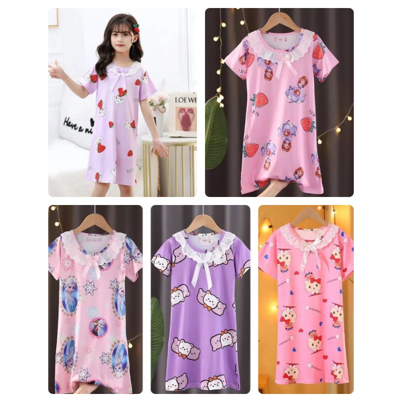 [5-12Th] baju tidur daster dress leher renda kartun karakter import 5 6 7 8 9 10 11 12 tahun xs-0308r / piyama daster anak import printing karakter kartun 5 - 12 tahun