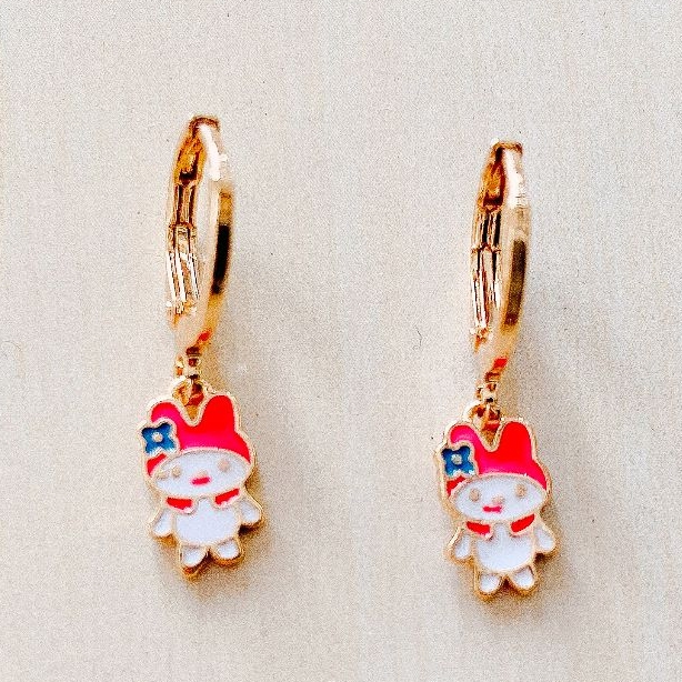 Anting Anak Kelinci Pink Pita Biru Gold