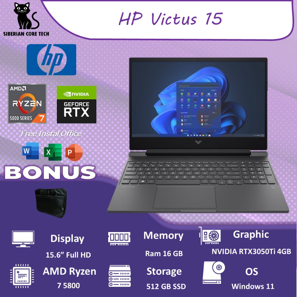 LAPTOP HP VICTUS 15 / RYZEN 7 5800 / 16GB / 512SSD / RTX3050TI 4GB / W11 15.6FHD