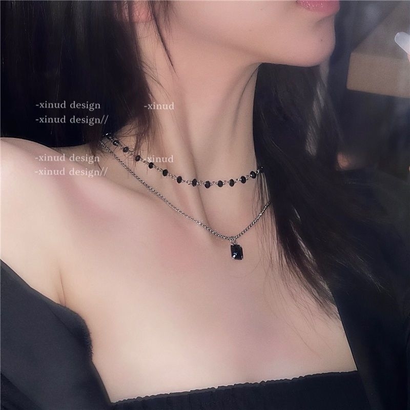 FerenHongXia Kalung Rantai Ganda Hias Kristal Berlian Warna Hitam Gaya Retno Manik Manik