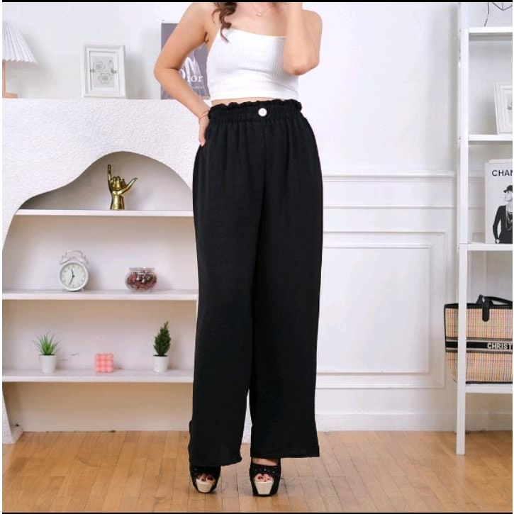 Kulot cringkel airflow celana panjang wanita polos variasi kancing/tali serut celana