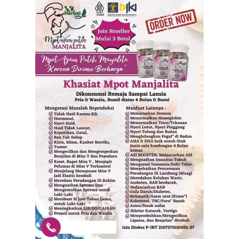 

MpotAyamPutihManjalita/Mpot/MpotManjalita/ObatHerbal/100%Alami dari dasar Laut/Tumbuhan Laut/Halal/Mpot1000Manfaat/MANJALITA Kewanitaan/PriaWanita