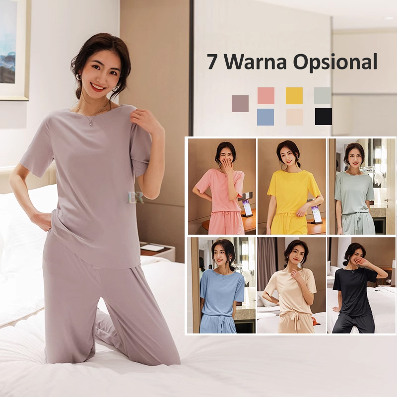 LNR Shop Setelan Import One Set Lengan dan Celana Panjang Motif Polos Cuttingan Tanpa Jahit Bahan Ice Silk Piyama Baju Tidur Santai Korea Halus Adem Wanita Dewasa Remaja Perempuan