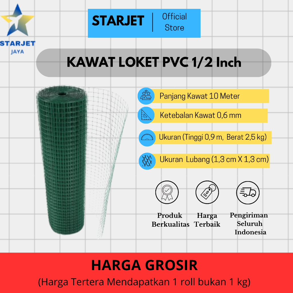 Kawat Jaring Loket PVC 1/2 Inch Panjang 10 Meter Hijau Anti Karat Tebal Stainless 1/4 3/4 1 Inch Aya