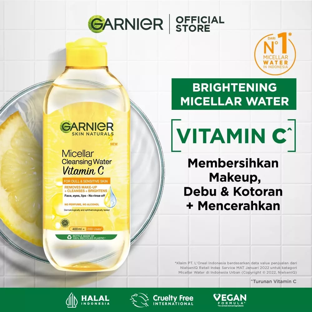 Garnier MICELLAR WATER Vitamin C Kuning 400 ml / 125 ml - Skincare Pembersih Wajah &amp; Makeup Untuk Kulit Lebih Cerah - Micelar Water Make Up Ukuran Besar Kecil