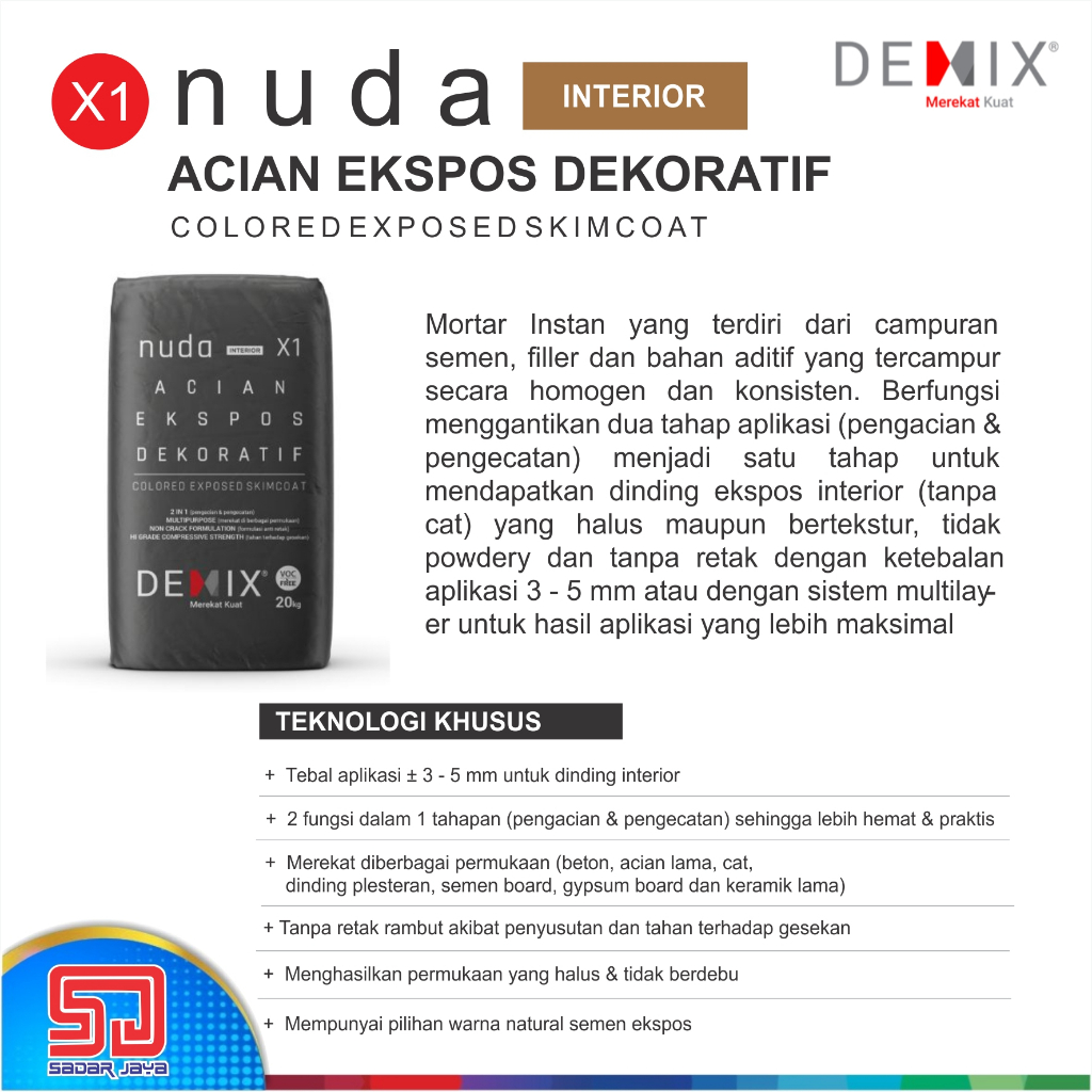 Semen Instan DEMIX NUDA X1 Mortar instant Acian Ekspos Dekoratif (Interior)