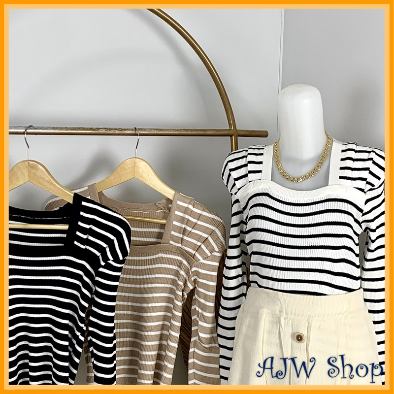 AJWShop XW Atasan Rajut Lengan Panjang Wanita Premium Import Salur Garis Garis | Baju Rajut Wanita Lengan Panjang Import Korean Style Square Neck Kerah U | Kaos Rajut Wanita Lengan Panjang Premium Import | Baju Import Wanita Bangkok