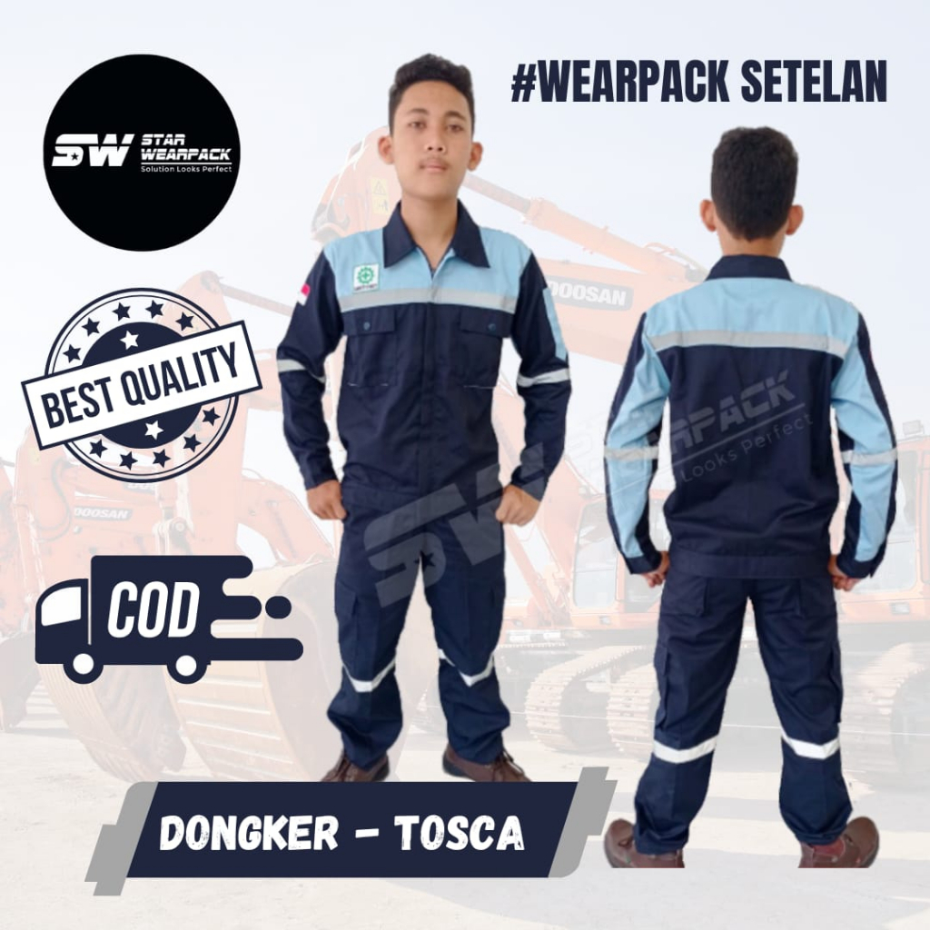 Star Wearpack - Setelan Baju &amp; Celana Seragam Kerja Proyek Lapangan Dongker Kombinasi Tosca
