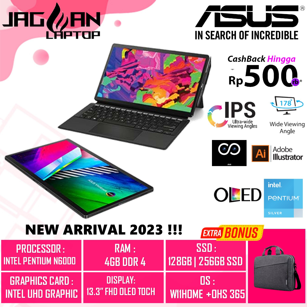 LAPTOP 2IN1 ASUS VIVOBOOK 13 SLATE OLED T3300KA INTEL PENTIUM SILVER N6000 4GB 256GB 13.3&quot; FHD OLED TOUCH DUALCAM W11H