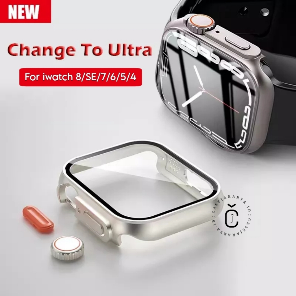 &quot; CHANGE TO ULTRA &quot; COVER GLASS CASE APPLE WATCH - SERIES 4 5 6 7 8 SE | SIZE 40mm 41mm 44mm 45mm | tempered glass case pelindung layar cover iwatch