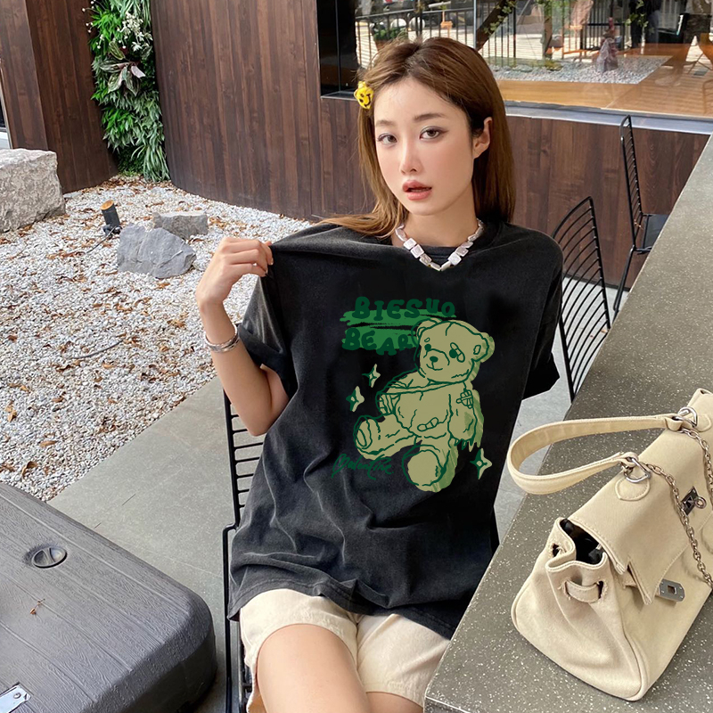 Print T-shirt Kaos Lengan Pendek Cartoon BIESUO Bear Oversize Atasan Wanita Korean Style