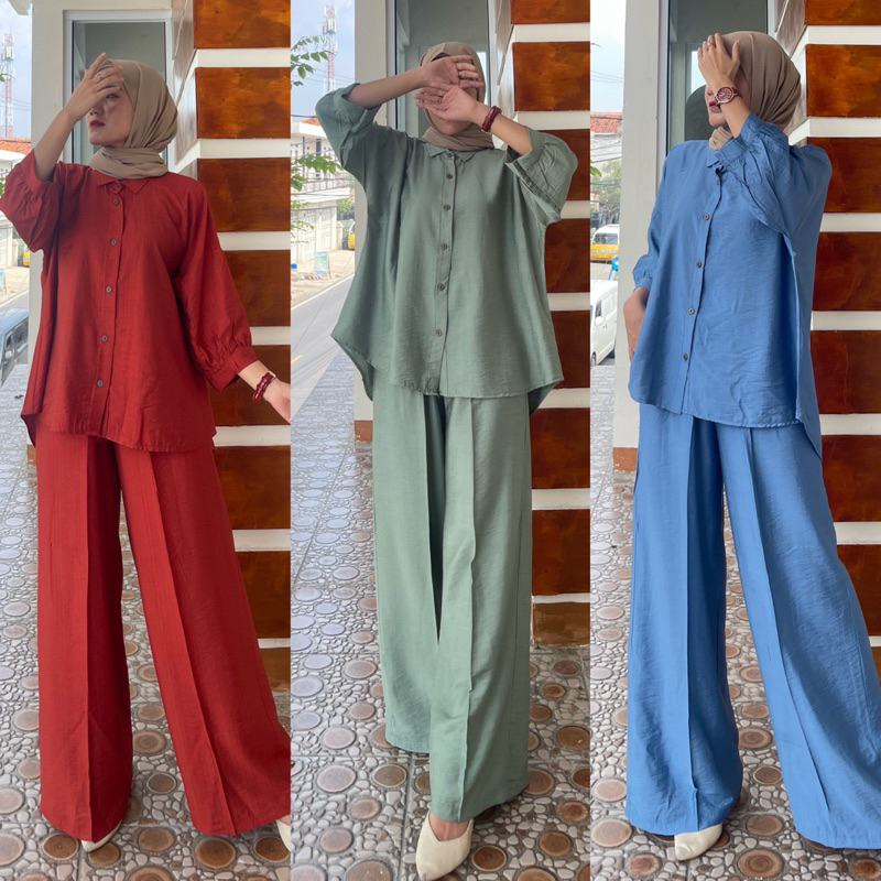 SETELAN MAHIRA POLO LINEN/ONE SET KAMEJA BLOUSE POLO LINEN OOTD HIJAB