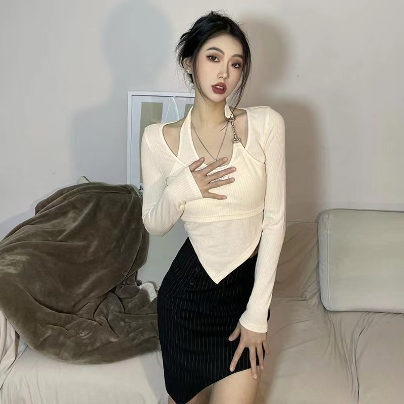 Suhao Musim Semi dan Musim Gugur Baru American Sweet Spice Girl Off Shoulder Diagonal Kerah Rantai Lengan Panjang T-Shirt Pendek Crop Sex Top Wanita