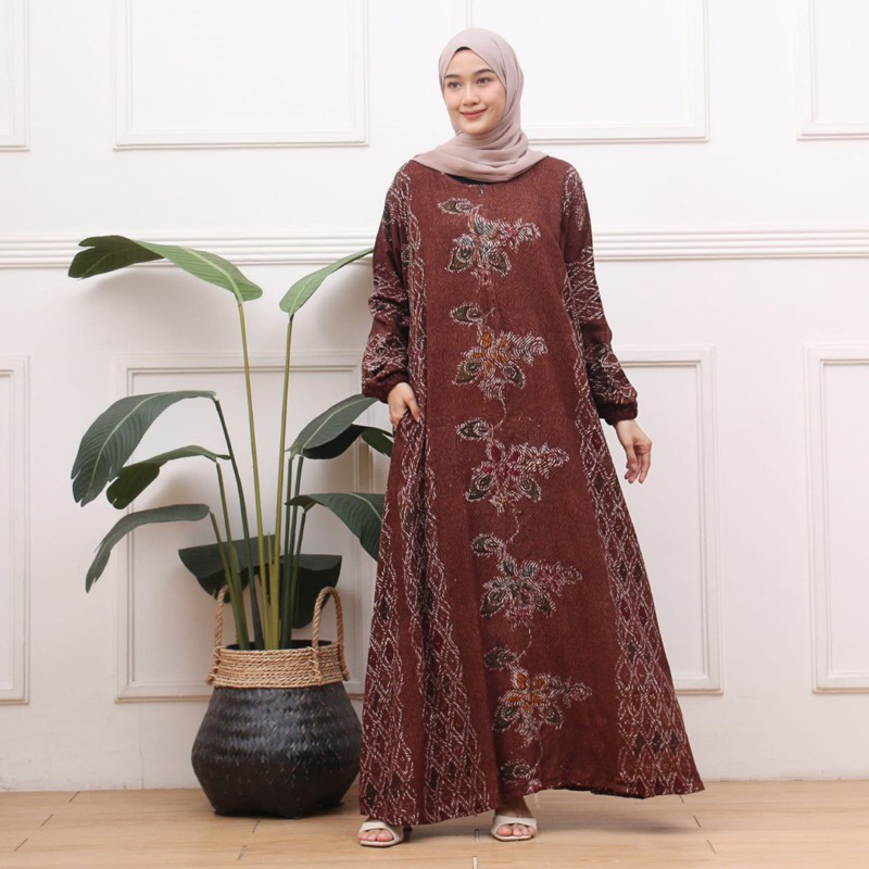 Gamis Batik Cap Malaman Bahan Rayon Super Ukuran Jumbo LD 120cm