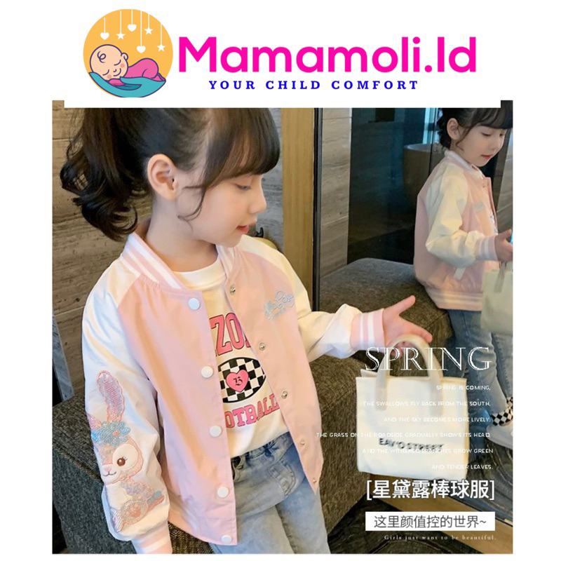 Jaket Anak Perempuan Bordir Kelinci Stella Lou / Jaket Model Baseball UNGU PINK / Jaket Kelinci / Jaket Anak Cewek Premium Import 2-  12 Tahun