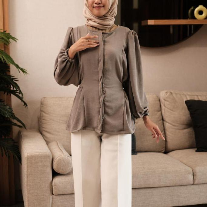 Blouse Kemeja Wenna / Atasan Wanita Crincle Airflow Lengan Balon Full Kancing