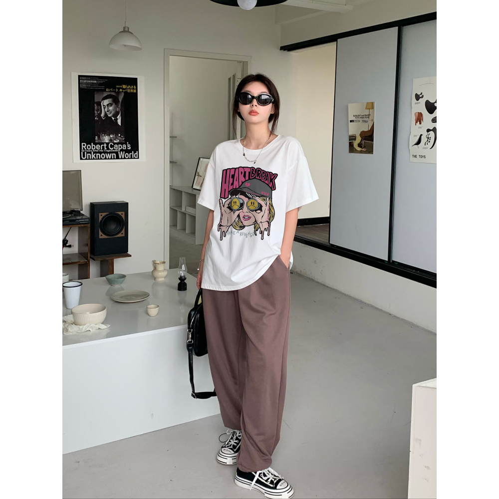 Kaos Lengan Pendek Cream Atasan Wanita Oversize Printed T-shirt Kekinian Korean Style