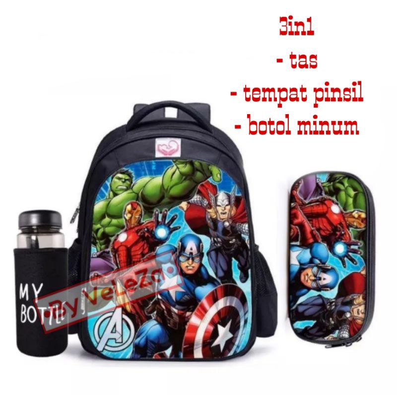 Tas ransel anak laki-laki superhero 3in1 - tas + tempat pinsil + botol minum - tas anak