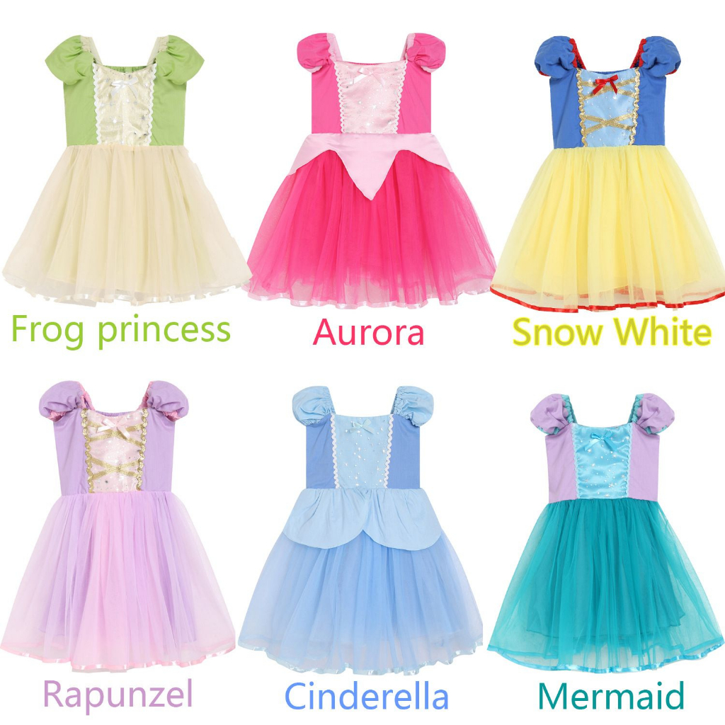 GAUN DRESS KOSTUM PRINCESS CINDERELLA SNOW WHITE AURORA ARIEL MERMAID RAPUNZEL TINKERBELL FROG PRINCESS ANAK PEREMPUAN KOSTUM PUTRI ISTANA