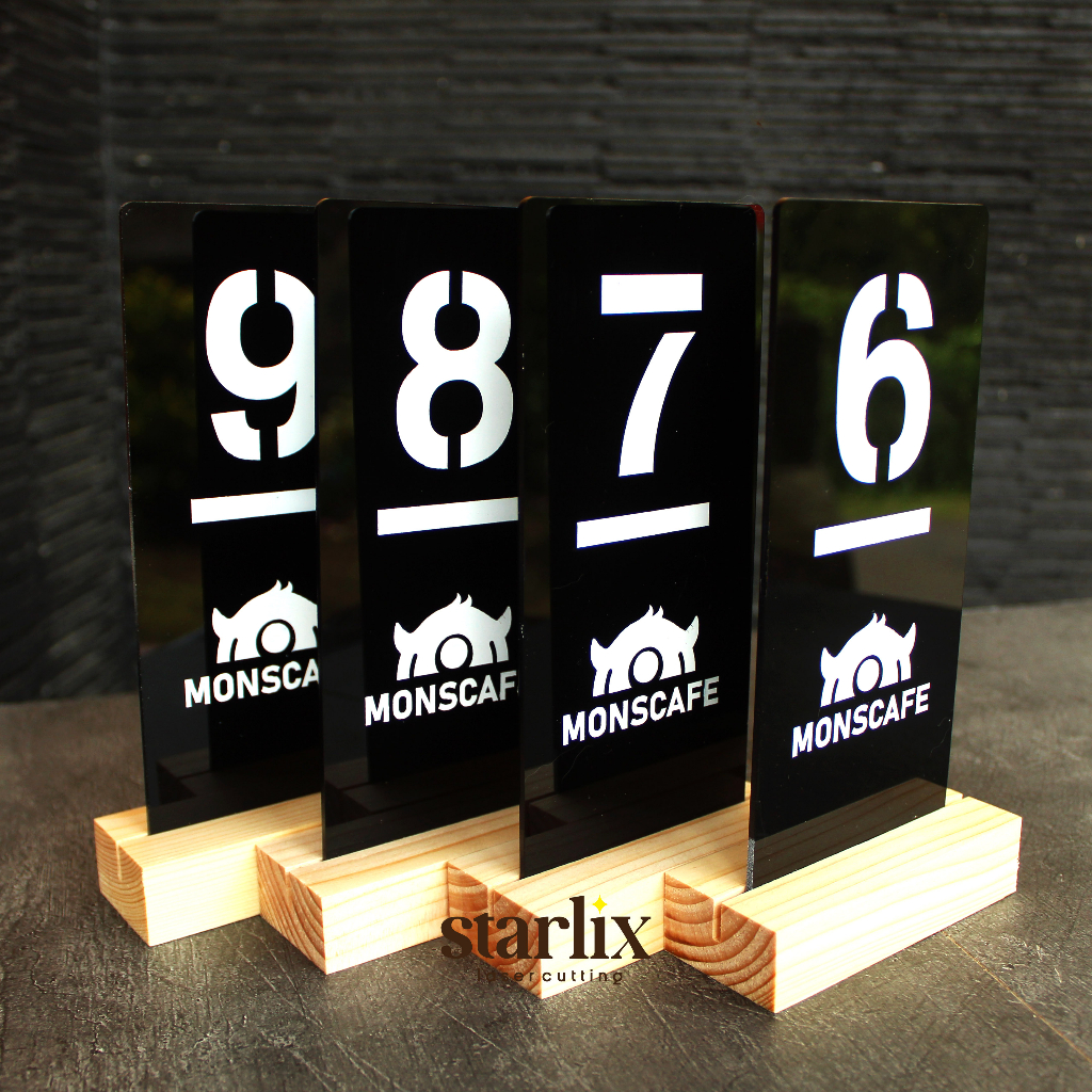 nomor meja cafe akrilik acrylic stand kayu jati belanda custom logo