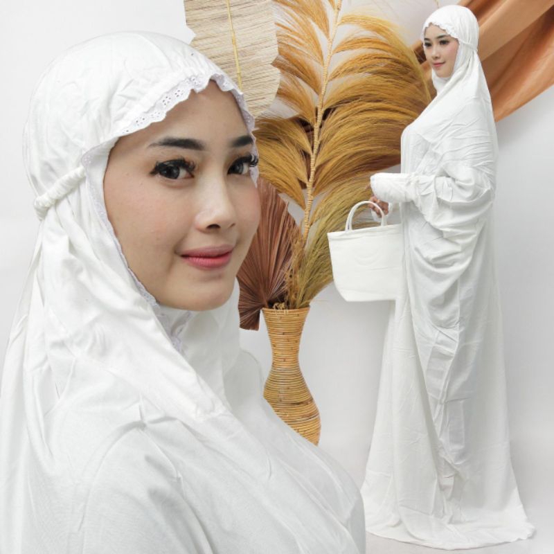 Mukena lajur Putih-telekung putih polos remaja-dewasa-bahan rayon,santung,samitex