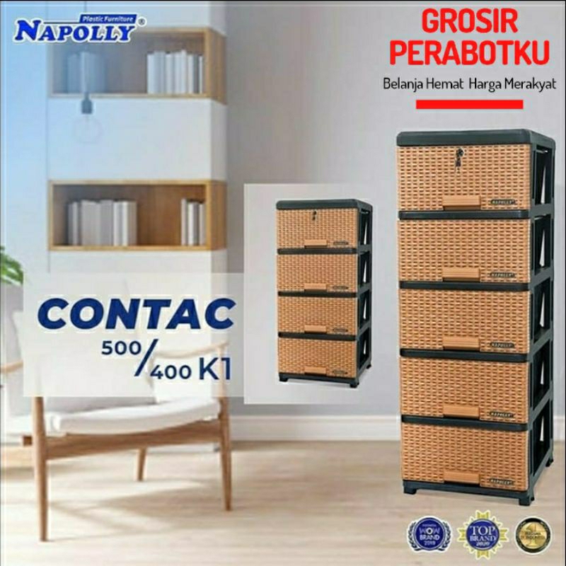 Laci Lemari Pakaian Plastik Napolly Susun 5 Susun 4 Motif Anyaman Rotan Contac 500 K1 Contac 400 K1