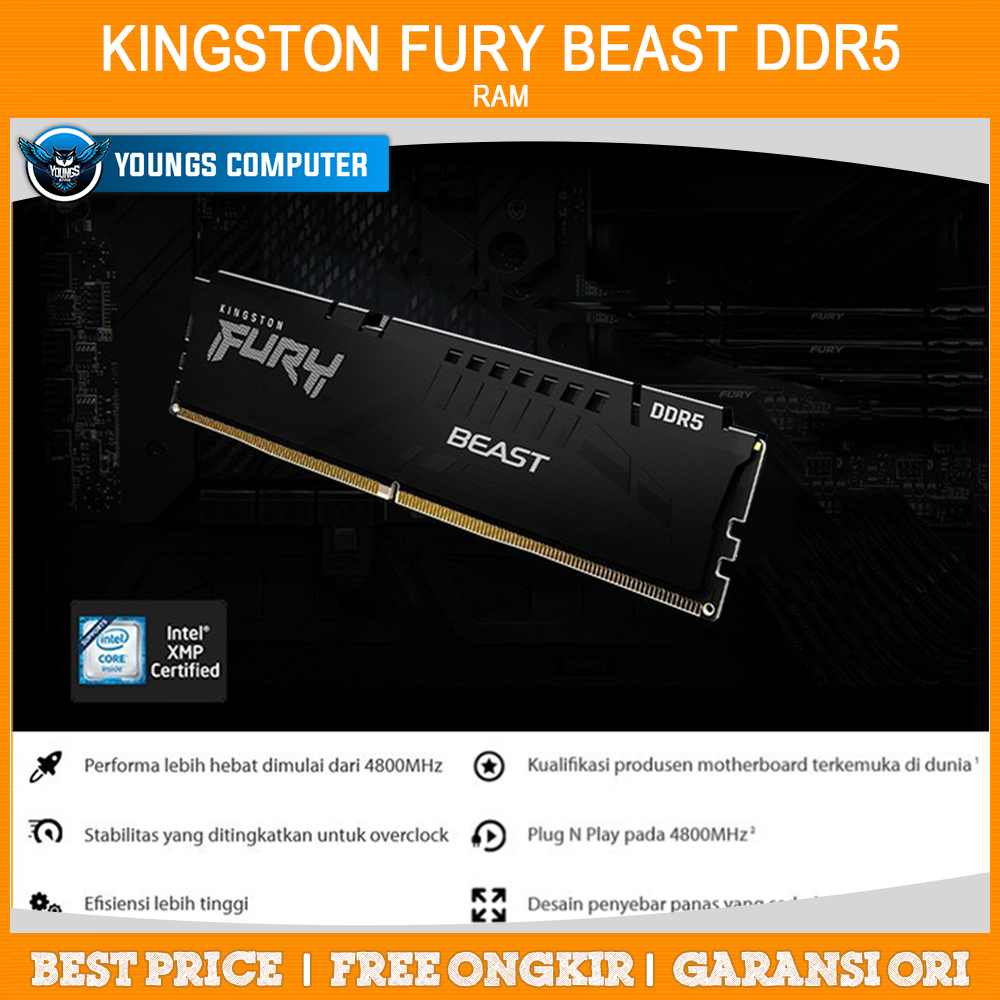 RAM DDR5 KINGSTON FURY BEAST 16GB 5200 (1x16G) single black pc 5200mhz