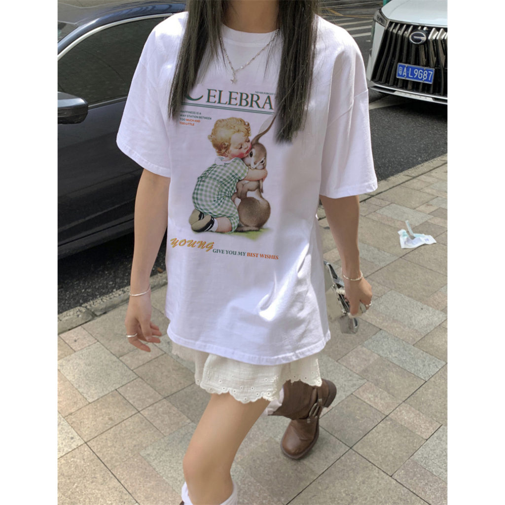 EUNII T-shirt Lengan Pendek Cartoon Boy Bunny Korean Style/Kaos Atasan Wanita/Baju Kaus Oversize Wanita/Kaos Wanita