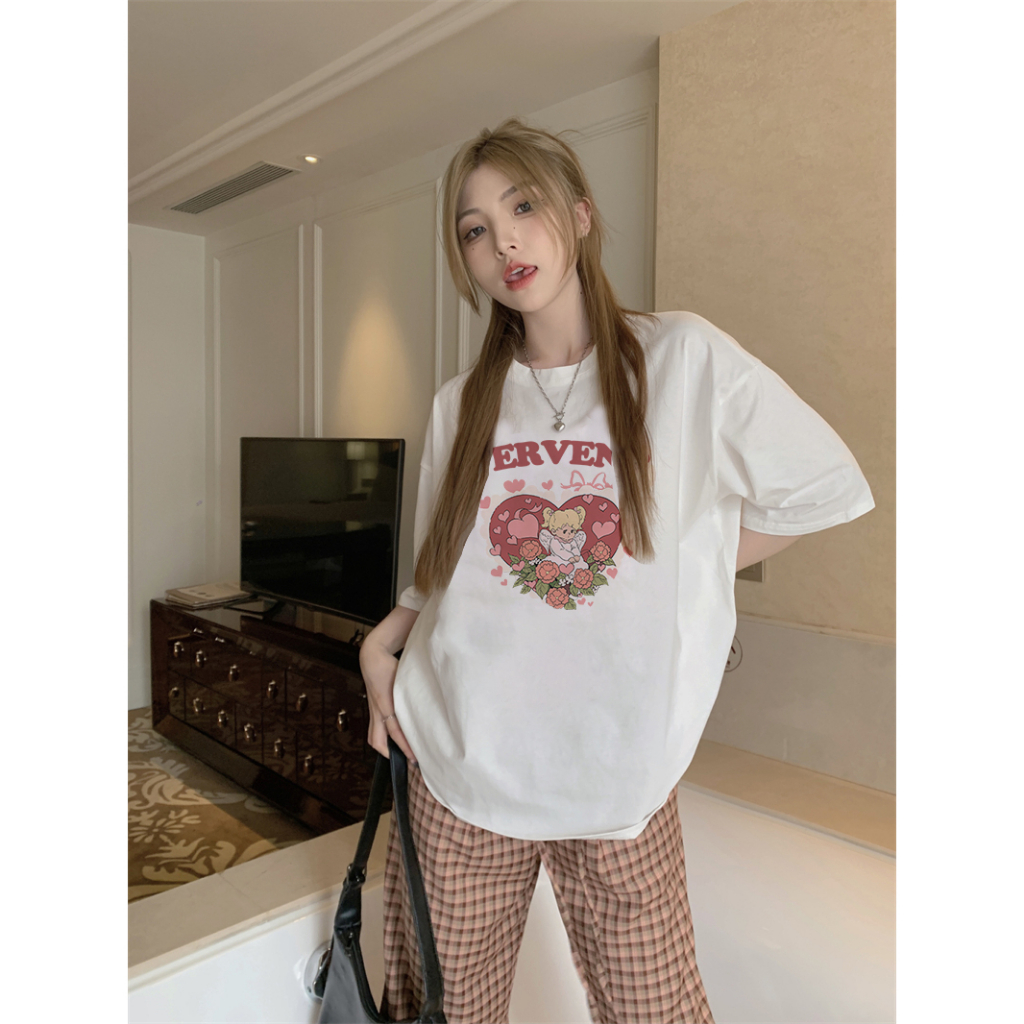 EUNII T-shirt Lengan Pendek Cartoon Love Angel Korean Style/Kaos Atasan Wanita/Baju Kaus Oversize Wanita/Kaos Wanita