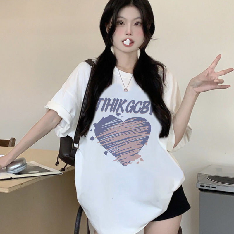 Print T-shirt Kaos Lengan Pendek Cartoon Graffiti Heart Oversize Atasan Wanita Korean Style
