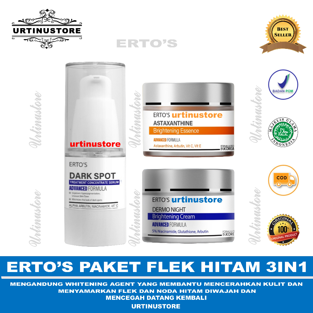 Ertos Paket Flek Hitam 3in1 (ERTOS ASTAXANTHINE CREAM, DARK SPOT SERUM & DERMO NIGHT CREAM)