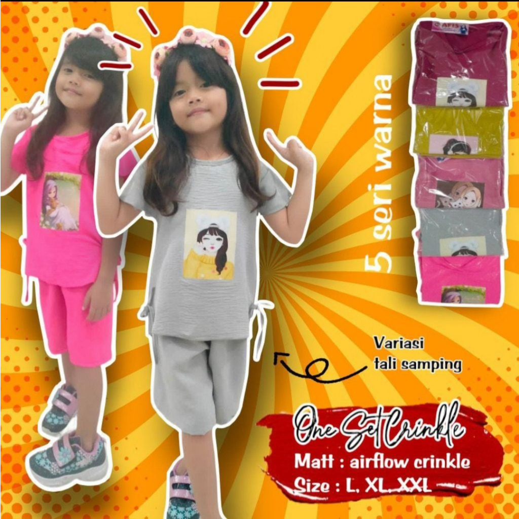 one set setelan anak perempuan 2023 terbaru cringkle airflow usia 2-7 thn Kids paling Laris gambar mixue edition