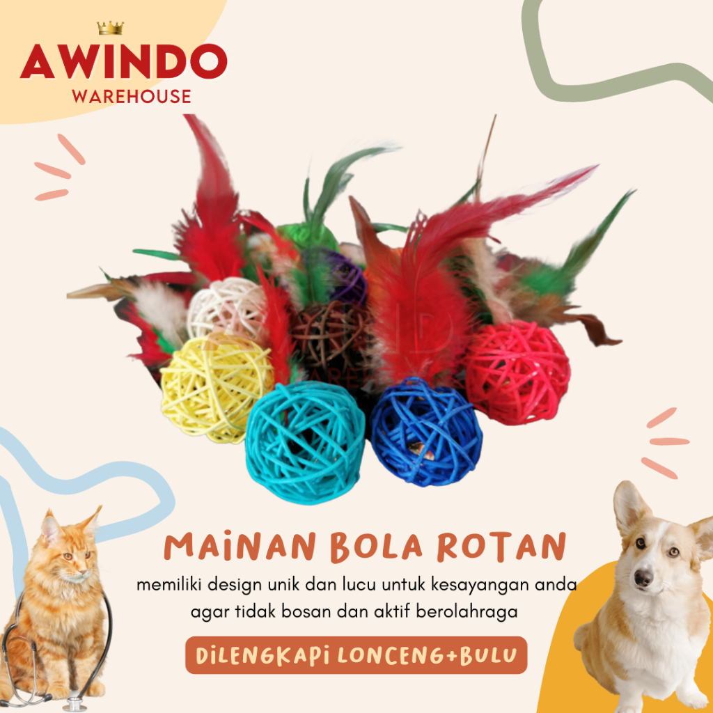 BOLA DAWAI BULU - Mainan Bola Kucing Anjing Rotan Lonceng Cat Dog Chaser Toy