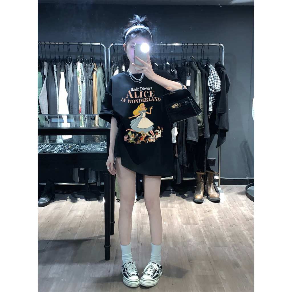 Kaos Puith Atasan Wanita Lengan Pendek Oversize  Alice In Wonderland Printed T-shirt Baju Wanita Kekinian Korean Style/Baju coklat