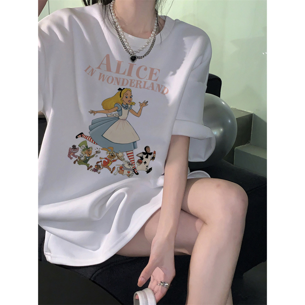 Kaos Puith Atasan Wanita Lengan Pendek Oversize  Alice In Wonderland Printed T-shirt Baju Wanita Kekinian Korean Style/Baju coklat