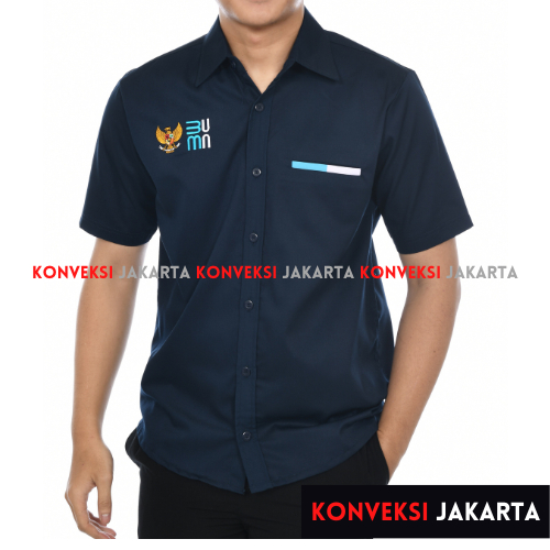 Kemeja Seragam Kerja BUMN Lengan Pendek Warna Navy Material American Drill Bisa Custom Bordir Satuan