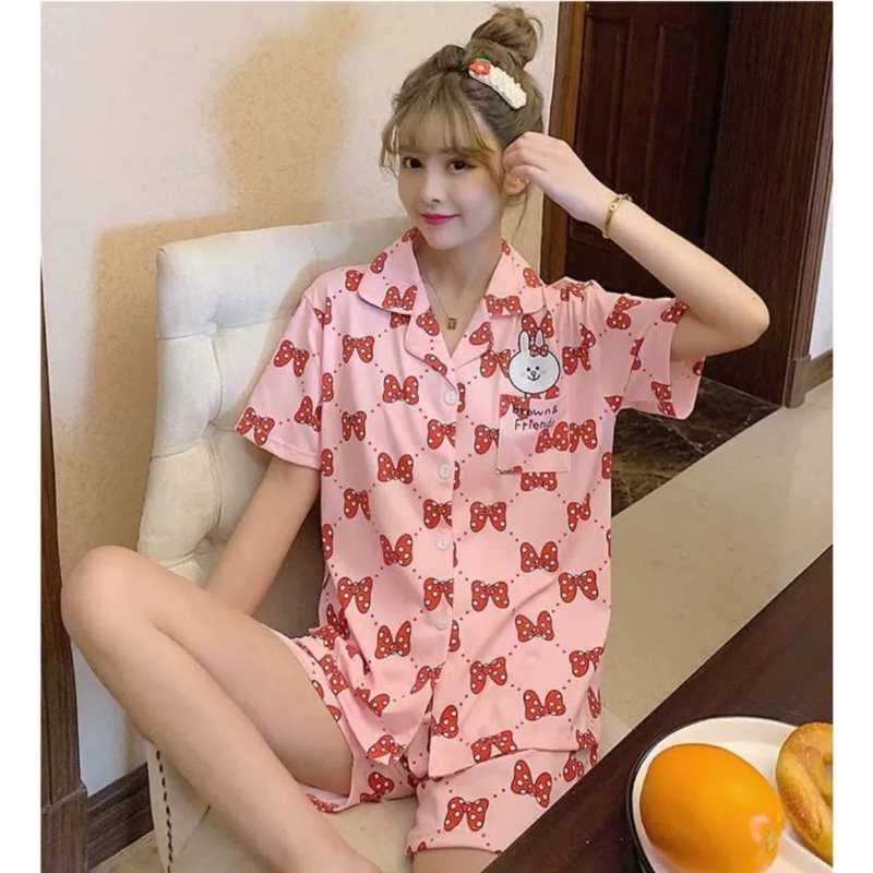 RULIF Piyama Baju Tidur Hotpant Wanita Krah Kancing Lengan pendek Celana Pendek kittybell