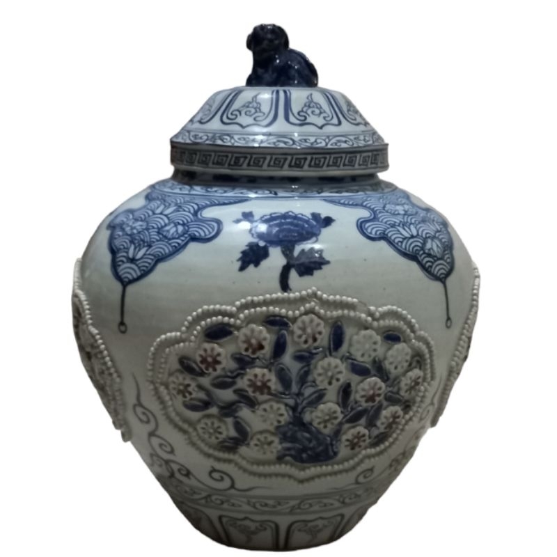 Guci wadah beras keramik motif biru putih