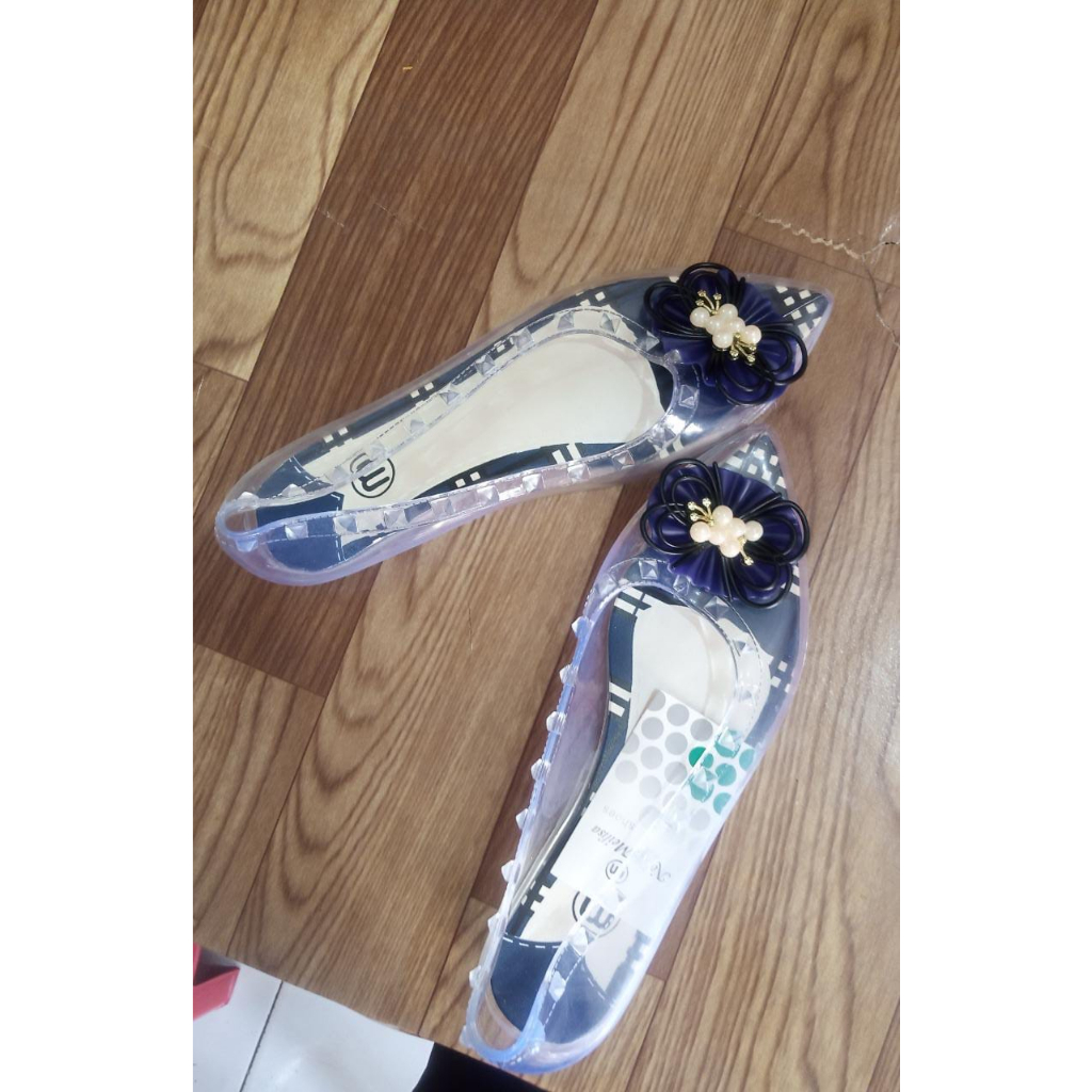 Sandal Jelly Kaca Transparan Flower Wanita/ Sepatu Jelly