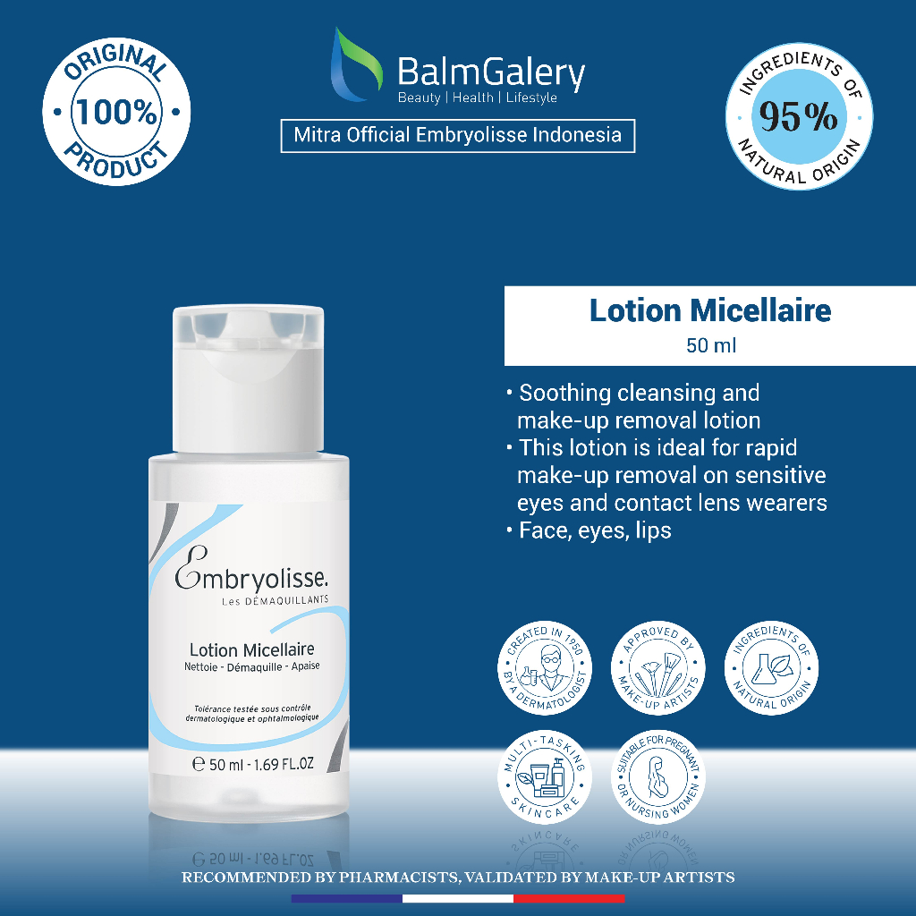 Embryolisse Micellar Lotion / Lotion Micellaire 50ml – Cleansing + Makeup Remover + Micellar Remover + Soothing Cleansing + Pembersih Wajah dan Makeup Tanpa Bilas - Rekomendasi MUA dan Artist Hollywood - 1x