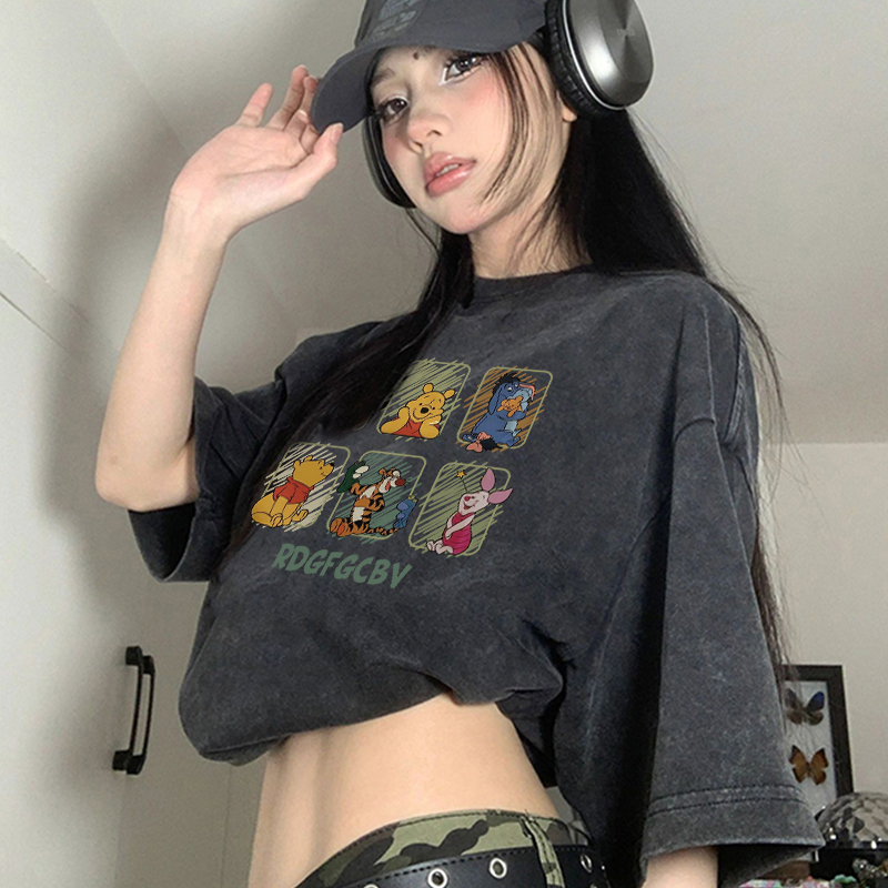 Print Washed T-shirt Kaos Lengan Pendek Oversize Cartoon Rainbow Bunny Korean Style Atasan Wanita