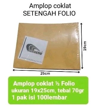 

Amplop Coklat FOLIO (19x25cm) merk SUNRENO 1pak isi 100 lembar.