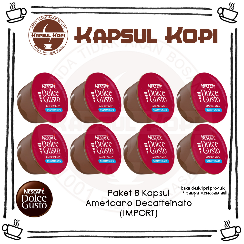 

Paket 8 Kapsul Kopi Americano Decaffeinato Nescafe Dolce Gusto Impor Coffee Capsule