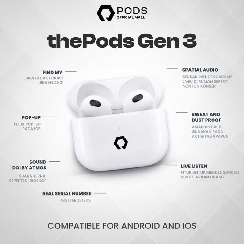 ThePods 3rd Generation Gen 3 2023 Wireless Charging Case (IMEI &amp; Serial Number Detectable + Spatial Audio) Final Upgrade Version 9D Hifi True Wireless Bluetooth Headset Earphone Earbuds Headphone Spatial Audio TWS Earpods By Pods Indonesiaaaa