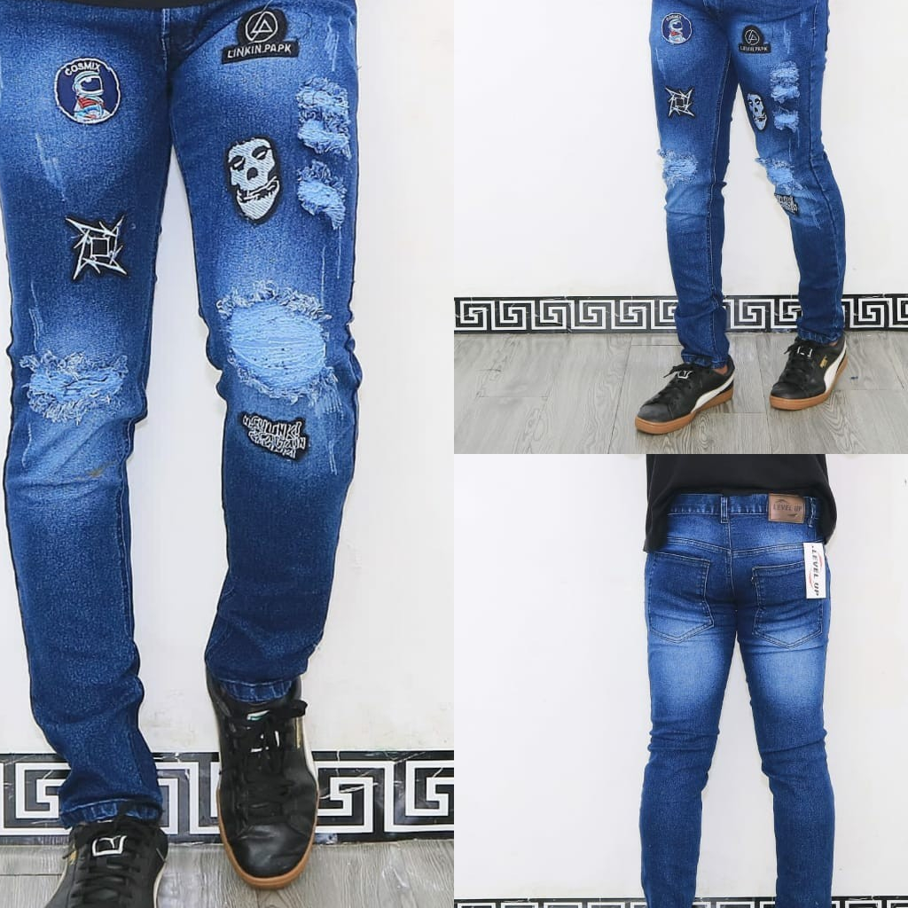 Celana Jeans Panjang Sobek Emblem Pria Logo Bordir Premium Denim